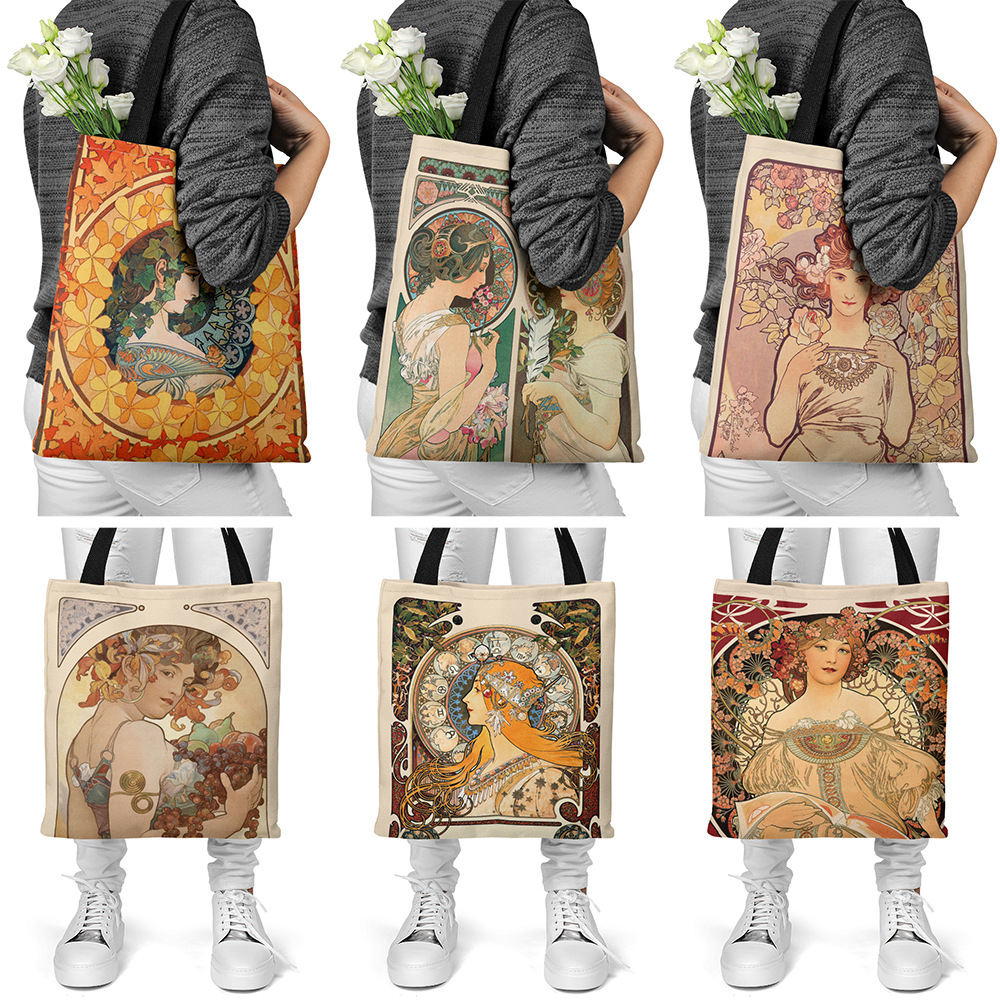 Mucha Series Digital Printed Canvas Bag Open Tote Bag Handbag Retro Canvas Shopping Bag. 
