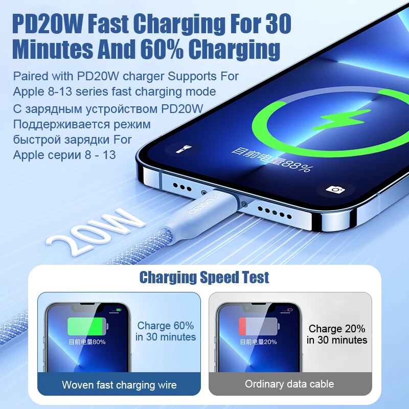 FUKABO PD 20W Type-C To Lightning Fast Charging Cable For iPhone 14 13 12 11 Pro Max Plus Mini XS XR iPad Mobile Phone Data Cord. 
