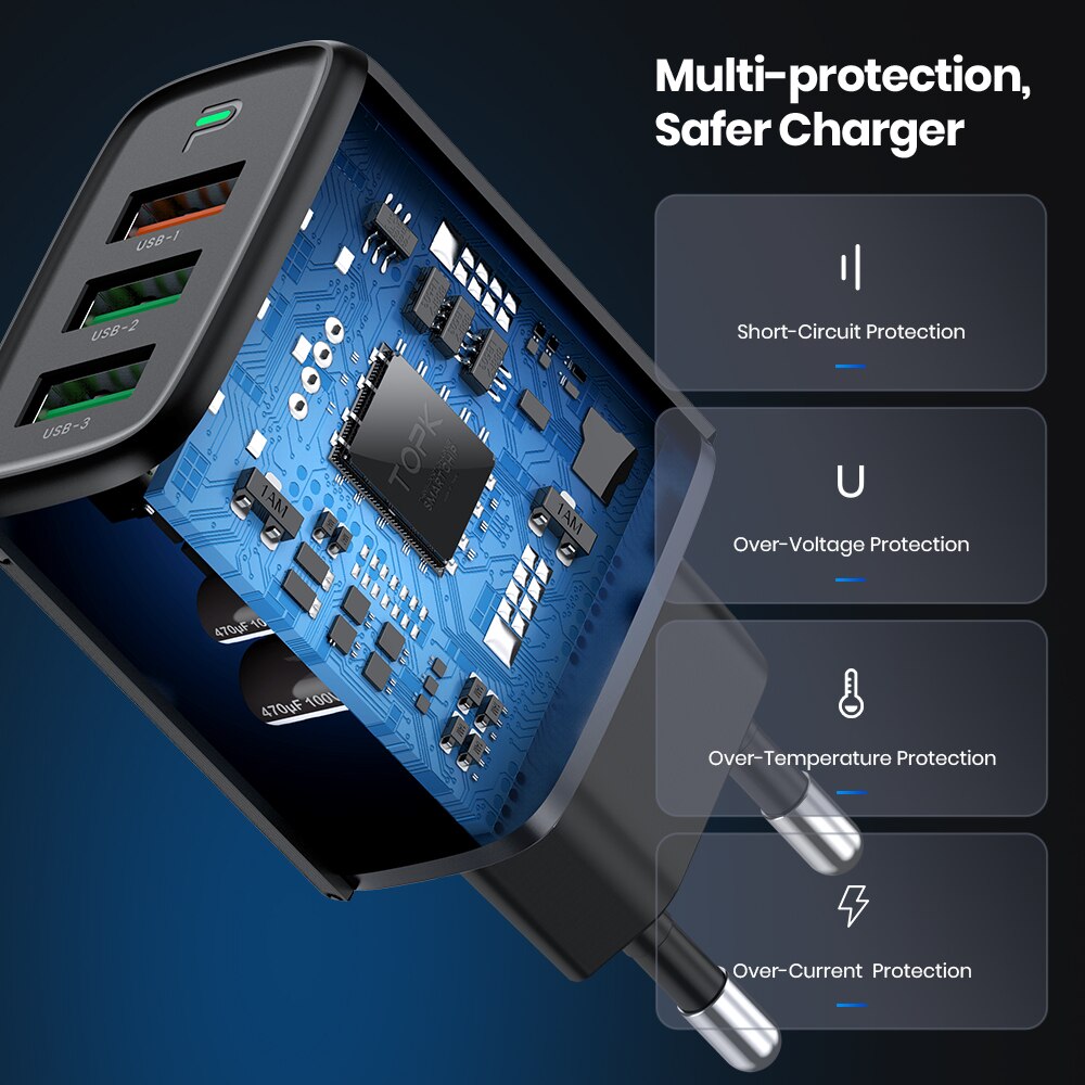 TOPK 30W 3-Port USB Charger Multiple with Intelligent QC 3.0 Technology for IPhone, IPad,Samsung Galaxy, Nexus, HTC,Motorola, LG. 