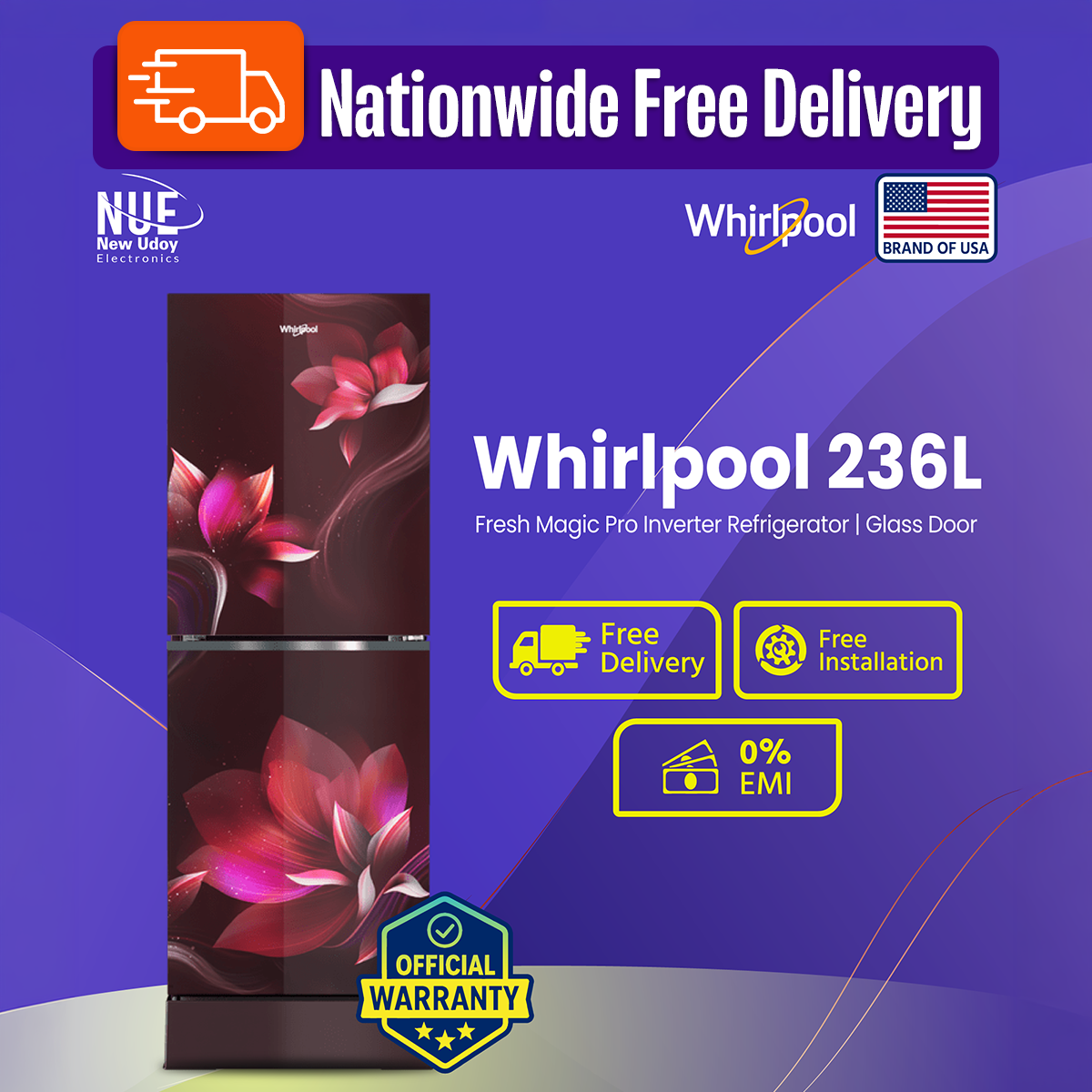 Whirlpool Official 236 Liter Floret Red Fresh magic Pro Inverter Glass Door Refrigerator Free Delivery % 0% EMI