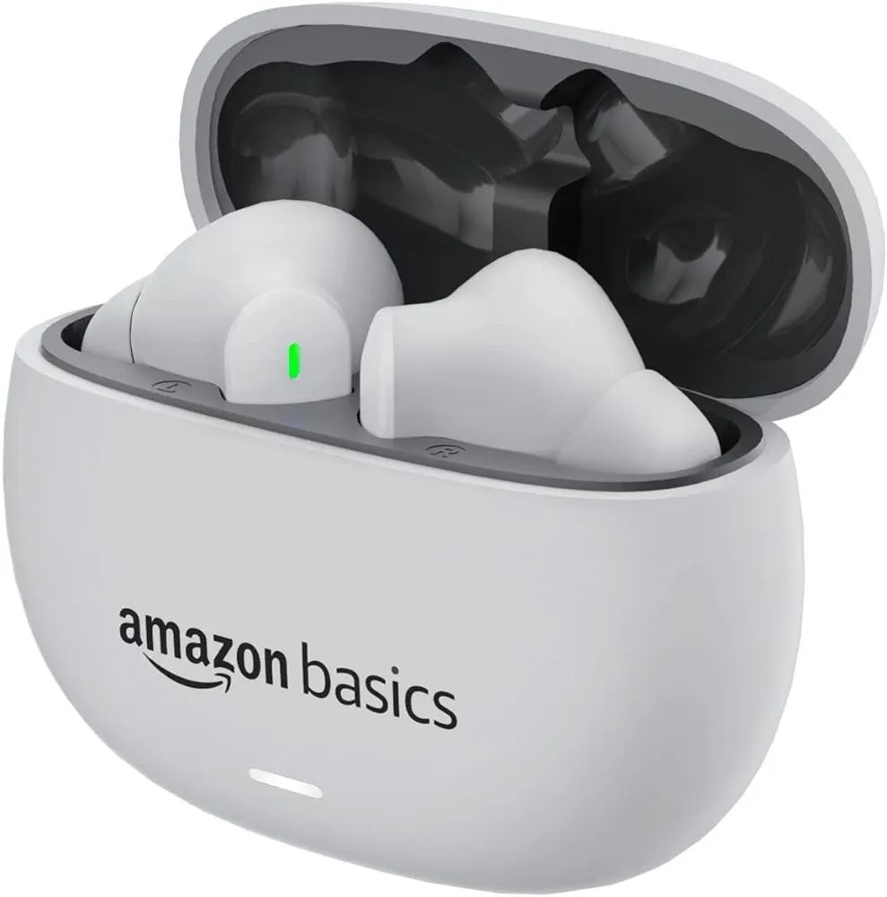amazon basics True Wireless in-Ear Earbuds with Mic, Low-Latency Gaming Mode, Touch Control, IPX5 Water-Resistance, Bluetooth 5.3, Up to 60 Hours Play Time, Voice Assistance and Fast Charging (White). 