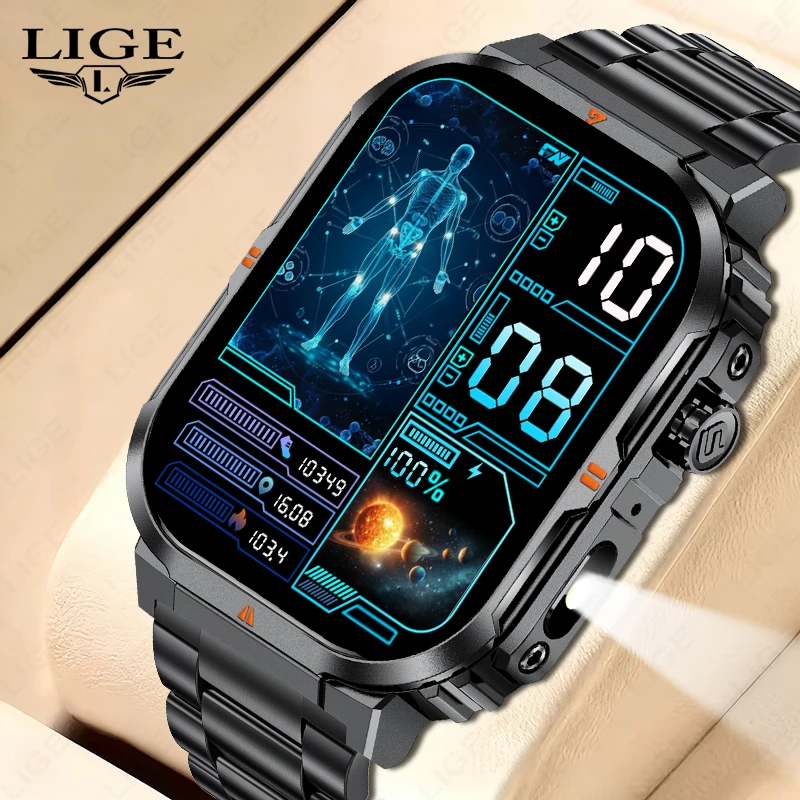 LIGE  Smart Watch For Android iOS Men IP68 Waterproof Outdoor Sport Tracker LED Flashlight Bluetooth Call Man Smartwatch