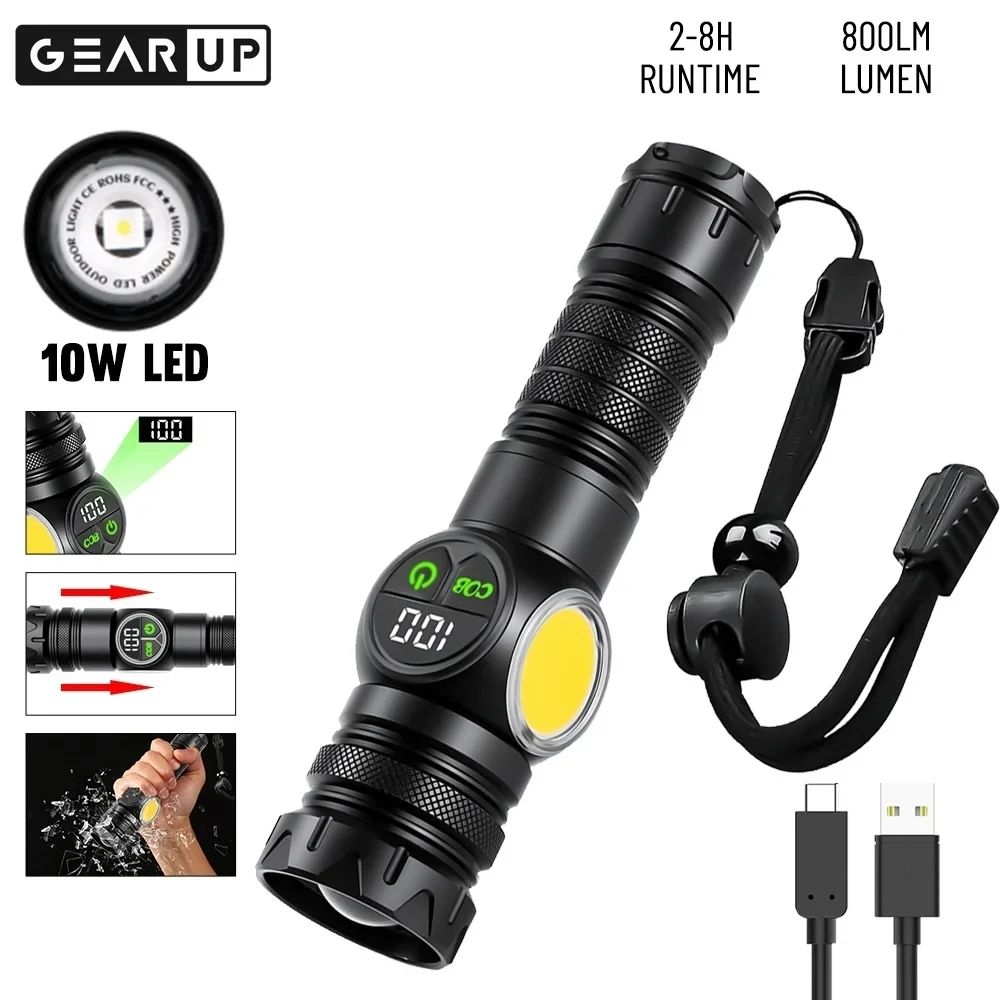 GearUP K60 Outdoor Flashlight Telescopic Zoom 10W COB+LED 800 Lumens Torchlight. 