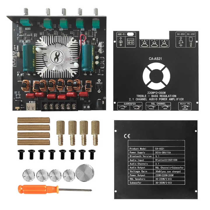 AS21 220W*2+350W 2.1 Channel TPA3255 16V-38V DC Bluetooth Digital Power Amplifier Board Module High and Low Tone Subwoofer Audio APP Similar ZK-AS21 CA-AS21. 