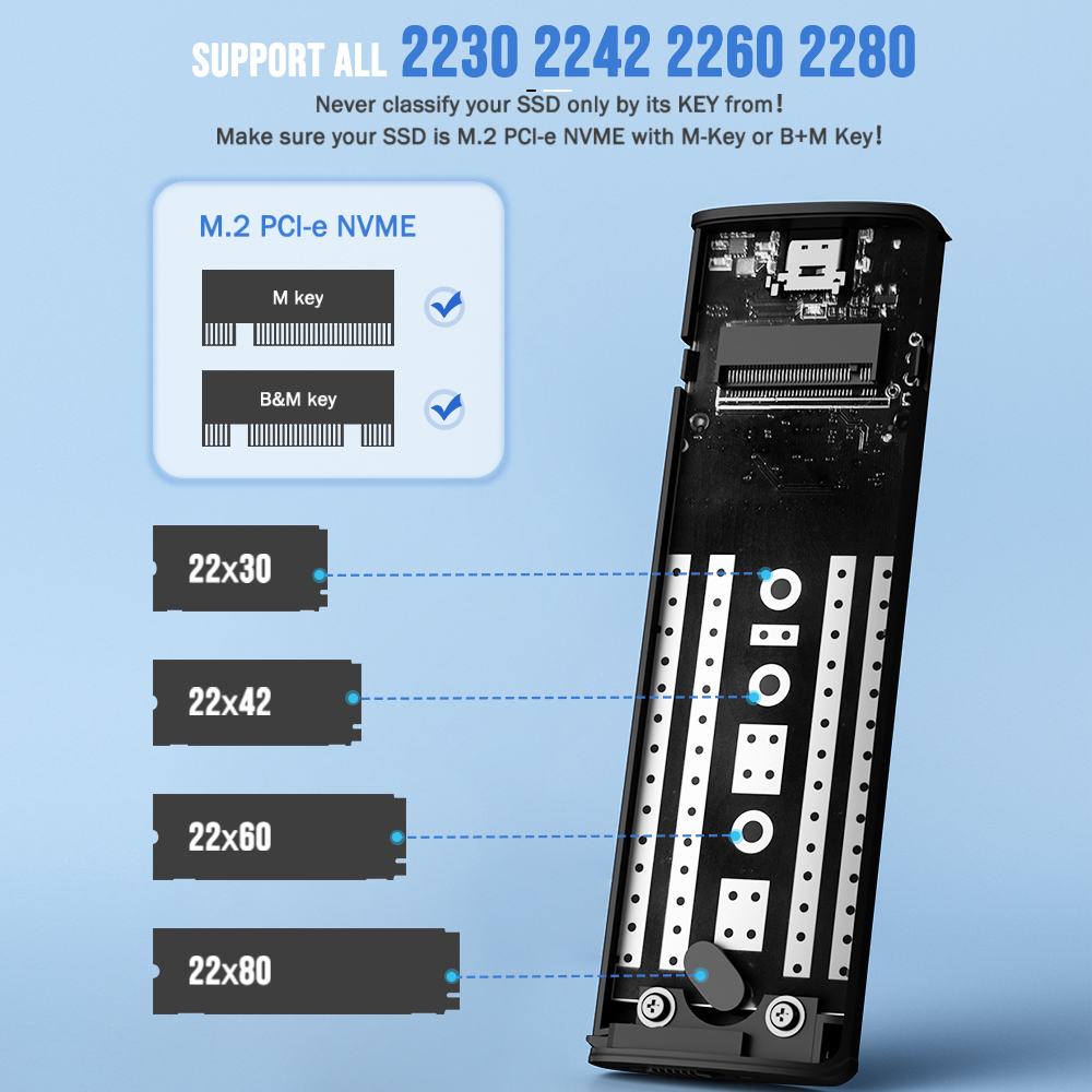 Lemorele SD1L M.2 SSD Enclosure M.2 NVME SSD Case Adapter 10Gbps PCIe USB 3.1 Gen2 Type C M/M@B Key Solid State Drive Case. 