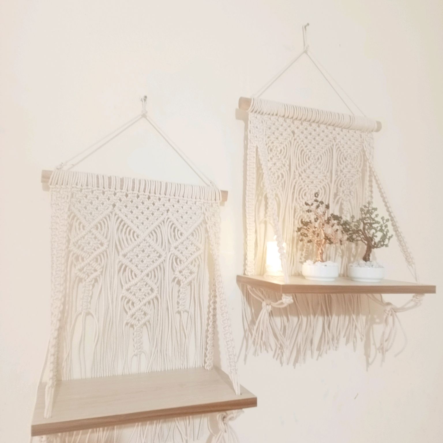 Handmade Boho Macrame Wall Hanging Shelf Cotton Non Foldable Decor. 
