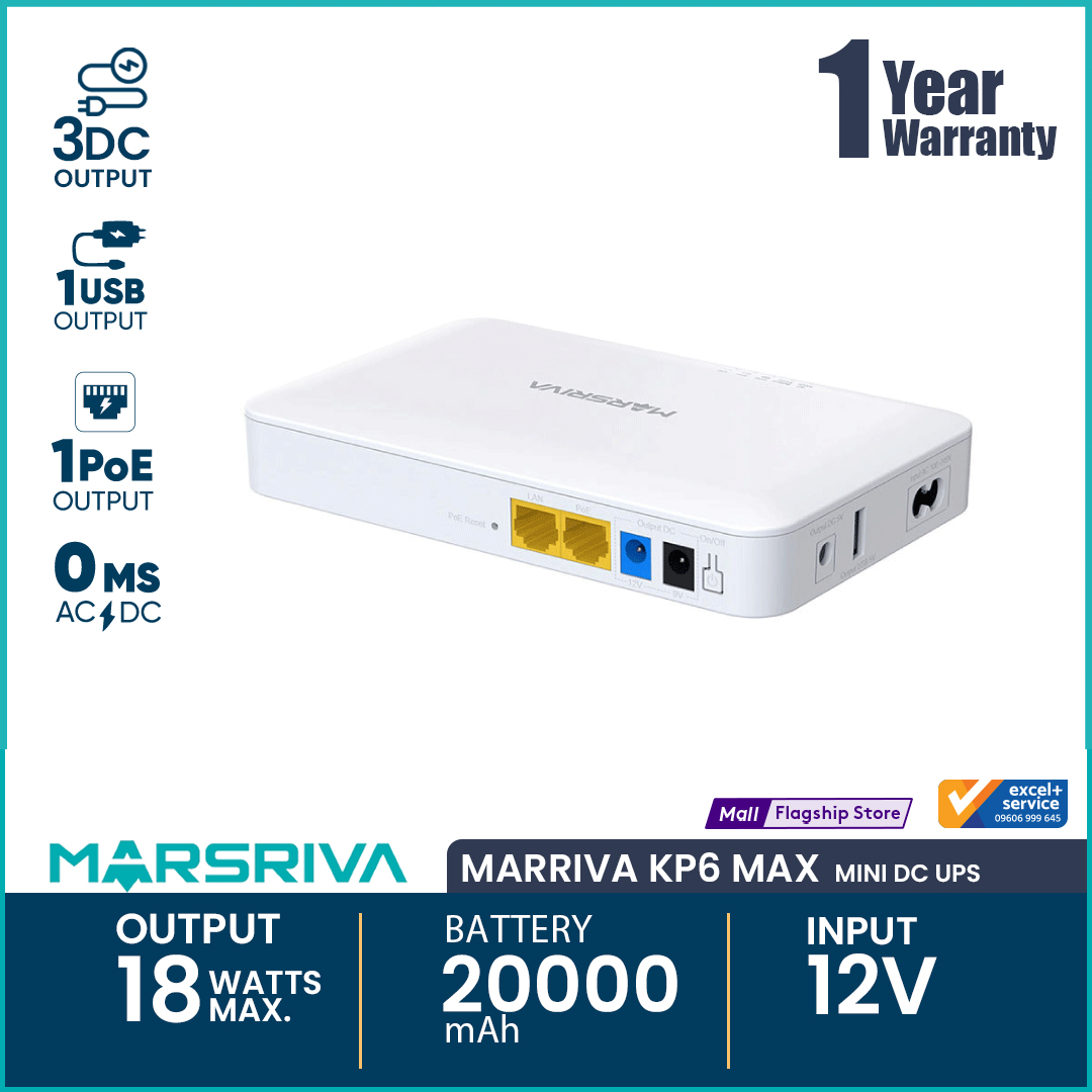 MARSRIVA KP6 Max 20000mAh Smart Mini Router DC UPS 18Watt with 3 DC Output, 1 USB & 1 PoE Output