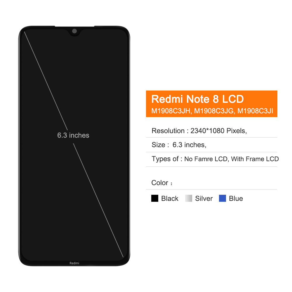 6.3" Display Screen for Xiaomi Redmi Note 8 M1908C3JH M1908C3JG Lcd Display Touch Screen with Frame for Redmi Note 8 Replacement. 