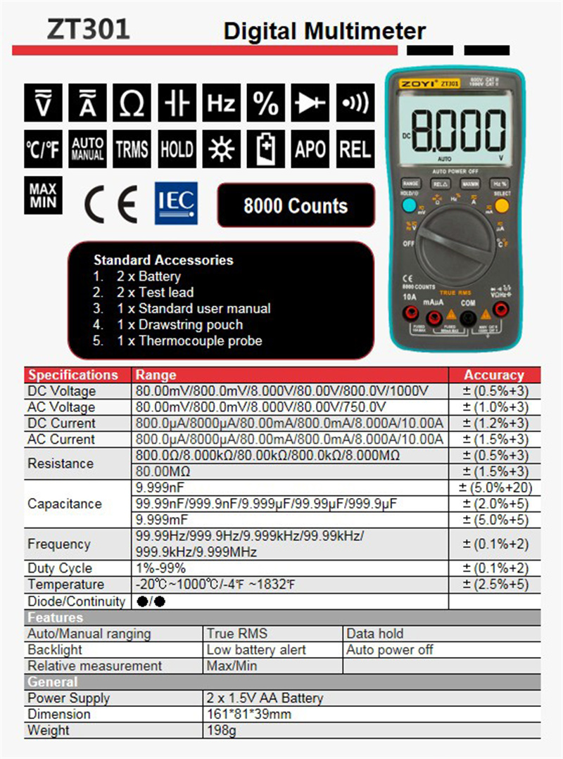 ZOYI ZT302 ZT303 Digital Multimeter 8000 19999 Counts True RMS Multifunction AC/DC Voltage Temperature Capacitance Tester DMM. 