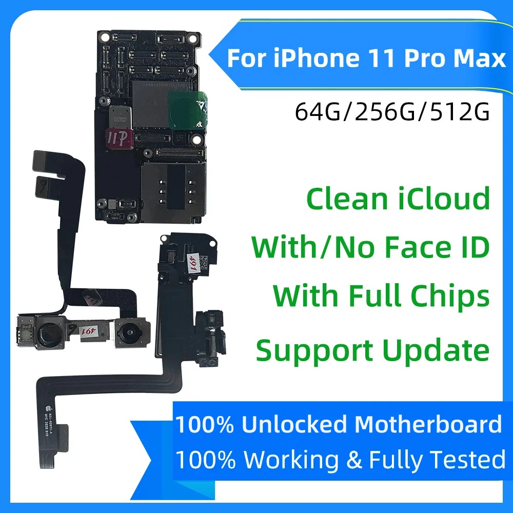 Tested For iPhone 11 pro max Motherboard Logic board Clean iCloud Full chip unlocked mainboard with Face ID support IOS update. 