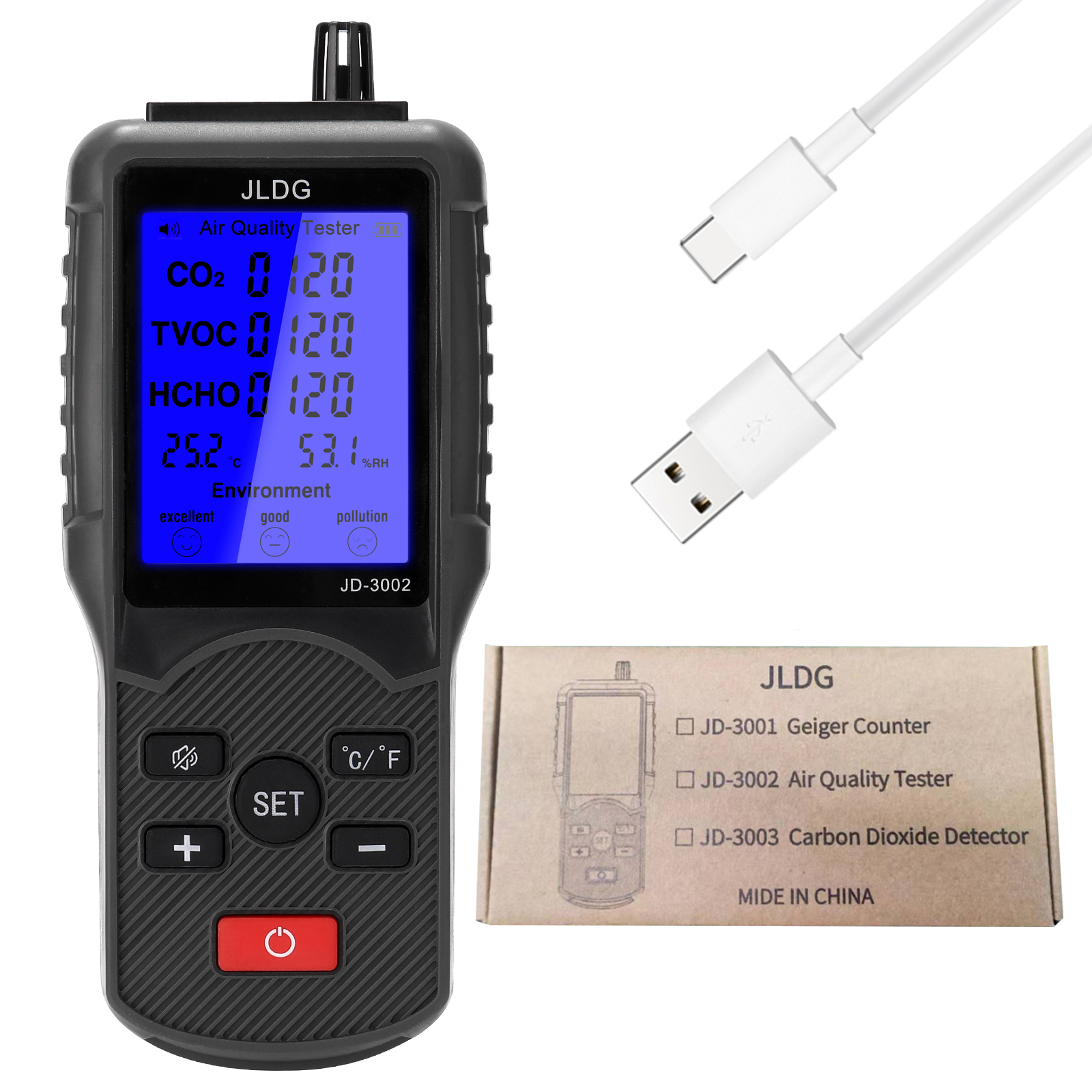 JD-3002 Air Quality Detector CO2 HCHO TVOC Temperature Humidity Measuring Device CO2 Meter Multifunctional Air Quality Analyzer. 