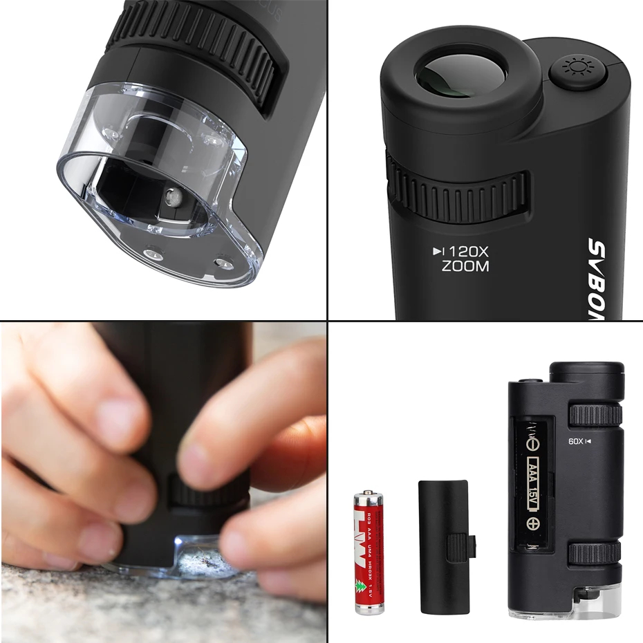 SVBONY SV603 Pocket Microscope 60x-120x, LED Lighted Zoom Portable Microscope, for Kids Learning,1x AAA Battery and. 