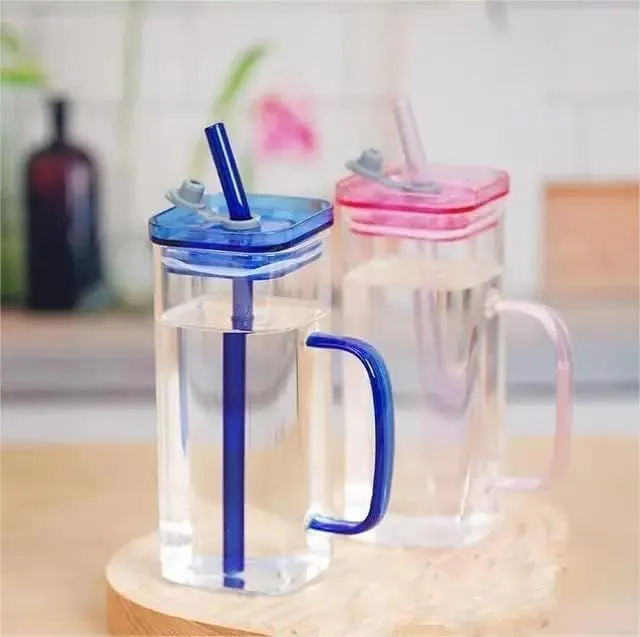 Premium-Square Mason Jar 400ml - Elegant Glass Container for Storage, Preservation and Decor, Airtight Lid, Versatile and Stylish Jar,Milkshake, Coffee & Juice Jar with Straw (Set of 1). 