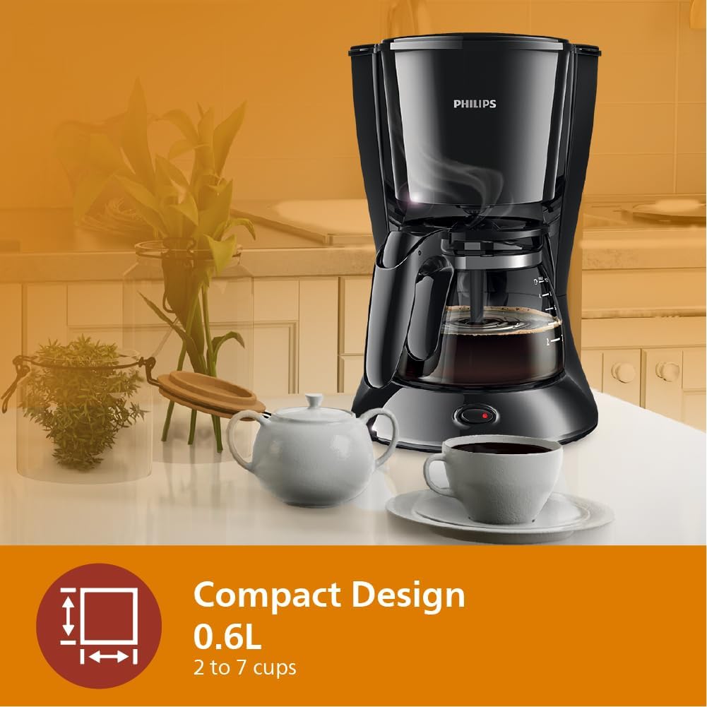 Philips coffee maker HD7432/20 with glass jug makes 2-7 cups in 10 min brewing time, compact design that takes little space in your kitchen, water level indicator. 