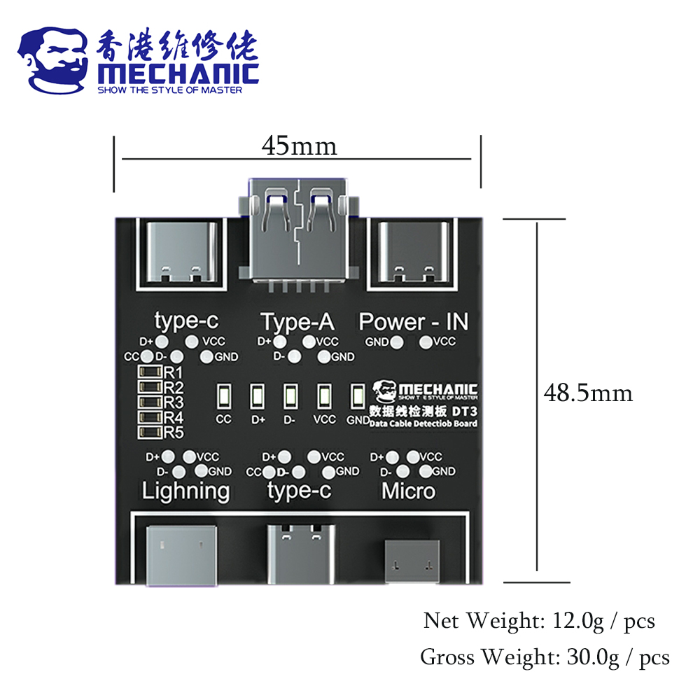 MECHANIC DT3 USB Cable Tester Data Cable Test PCB Board for IPhone Android USB Type-C Lightting Date Cable on-Off Detection. 