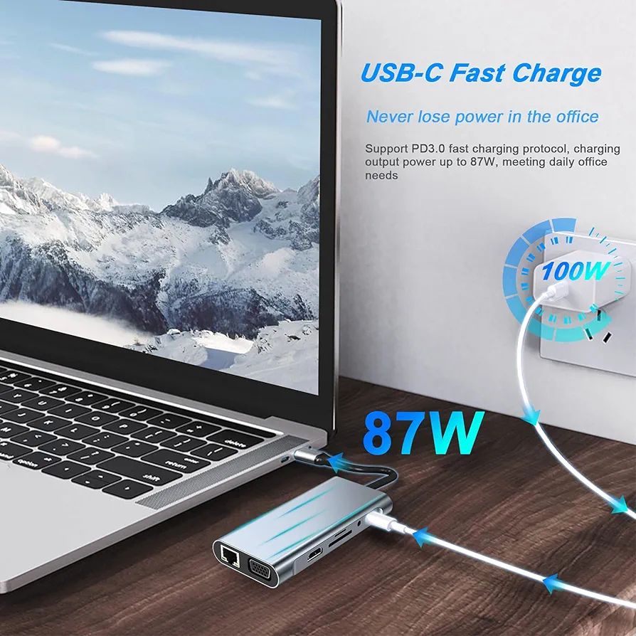 USB C HUB, USB C Adapter 11 in 1 Dongle with 4K HDMI, VGA, Type C PD, USB3.0, RJ45 Ethernet, SD/TF Card Reader, 3.5mm AUX, Docking Station Compatible. 