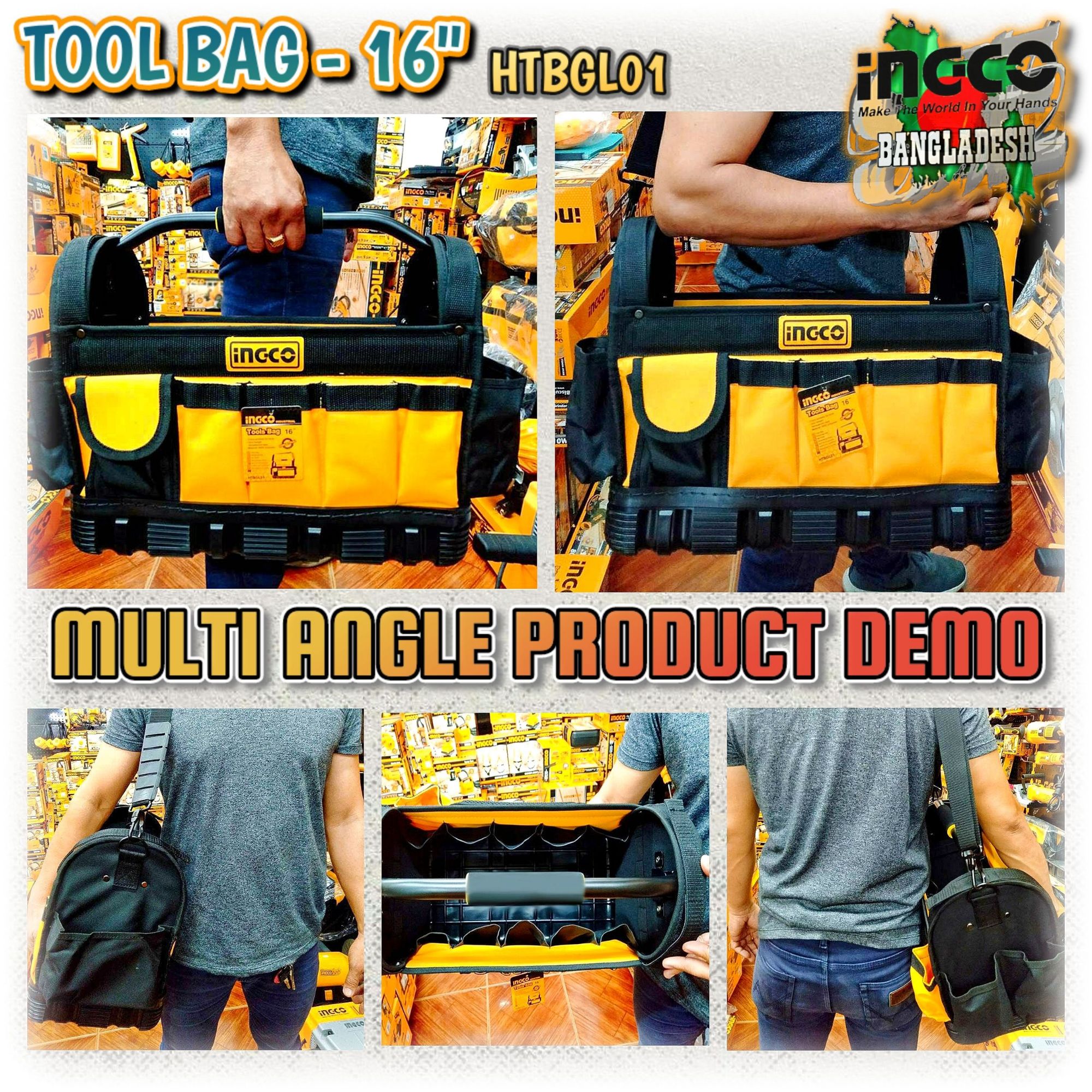 INGCO Tool Bag with 21pcs Pockets for tools and 1pcs Hanger for measuring tape HTBGL01. 
