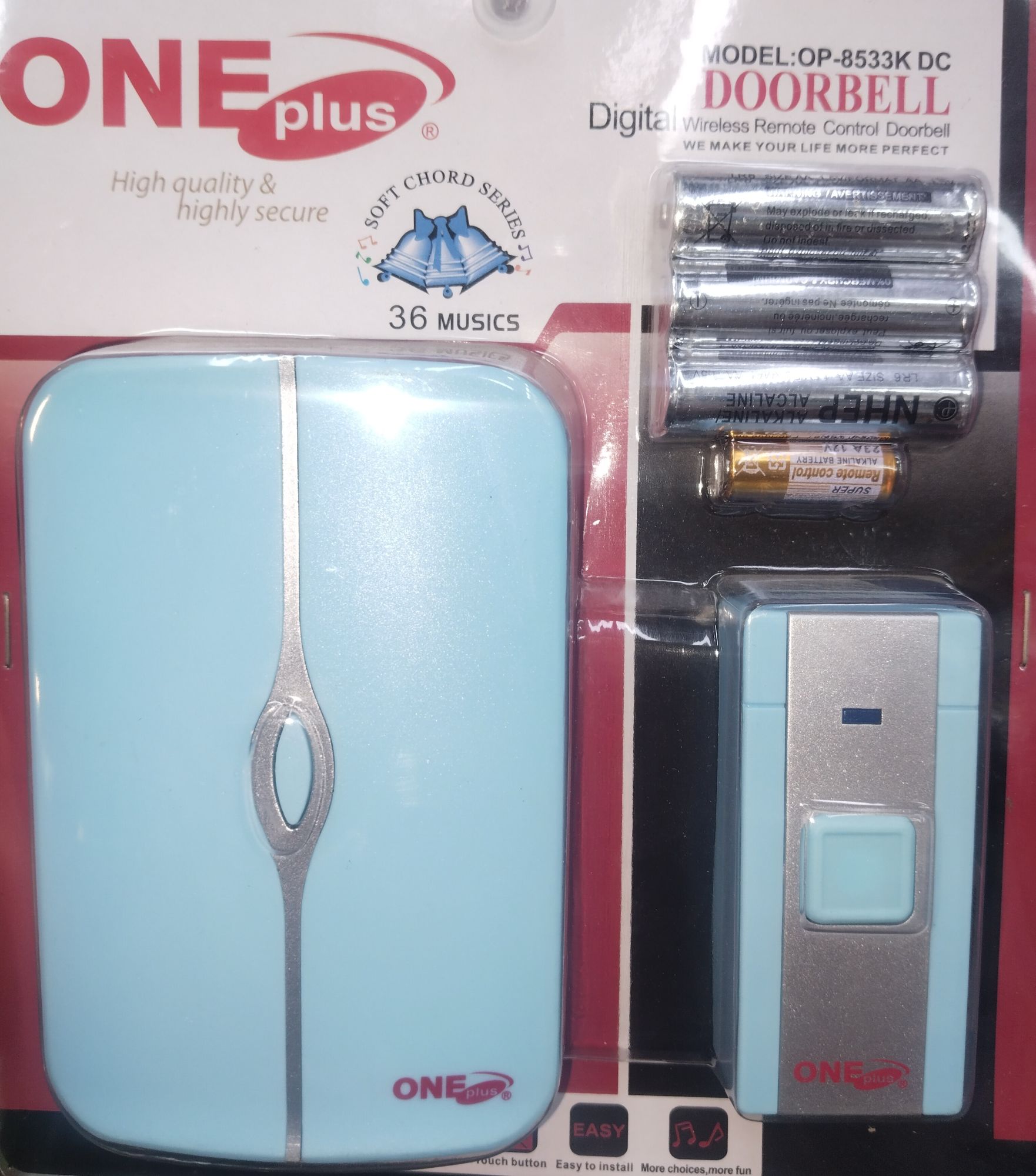 One Plus Wireless Electronic Door Bell; High Qualty and Highly Secure; Model : OP-8533K DC; New Technology; Energy Saving; Range of 80 M; No wiring required 