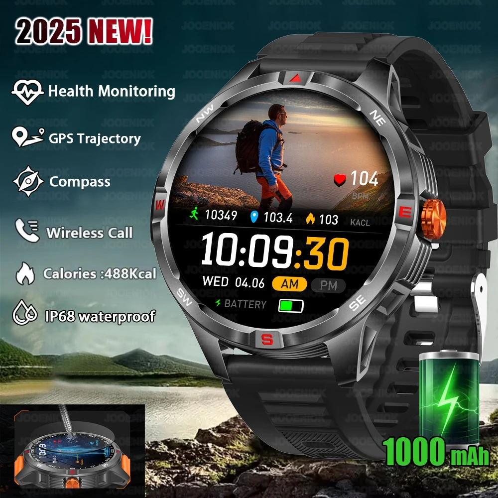 2025 New Model 1000mAh Battery  Outdoor Smart Watch Men Sports Fitness Compass IP68 Waterproof Bluetooth Call Smartwatch