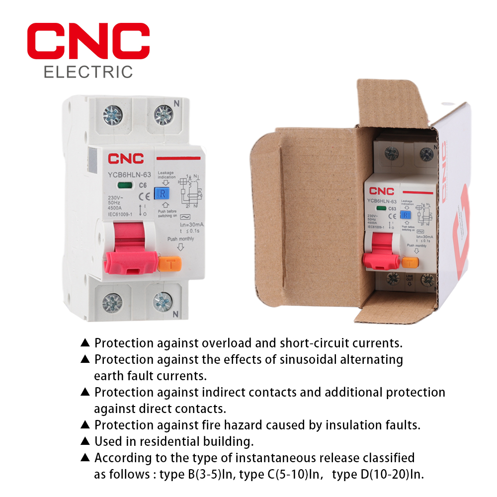 CNC 230V 50/60 HZ RCBO MCB 30mA Residual Current Circuit Breaker With Over Current And Leakage Protection 6/10/16/20/25/32/40 A. 