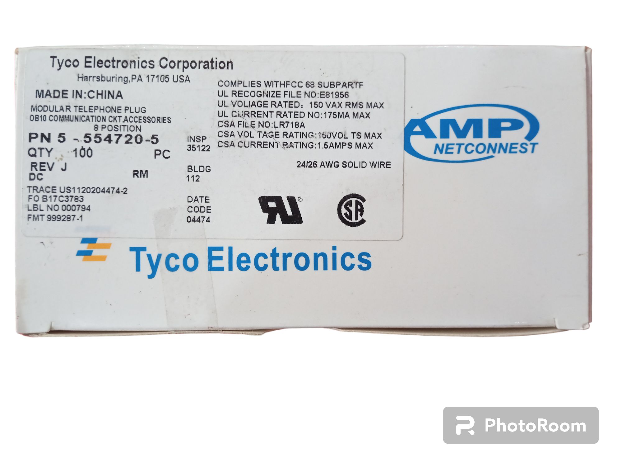 Modular Telephone Plug UL Voliage Rated 150 VAX RMS MAX. 