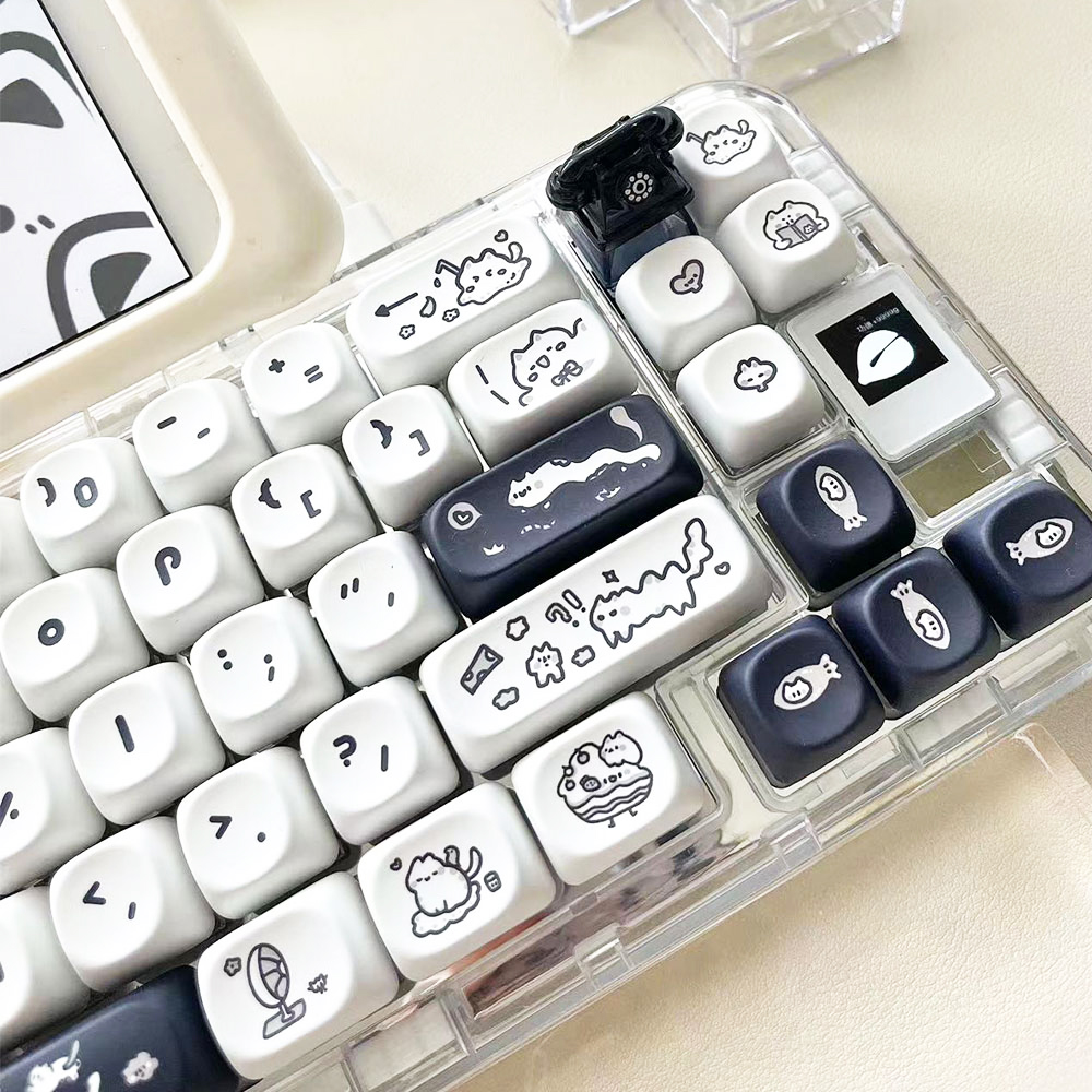 Naught Cat Black White Keycap 140 Keys MOA Profile PBT Keycaps Dye Sublimation for MX Switch Gaming Mechanical Keyboard Keycap. 