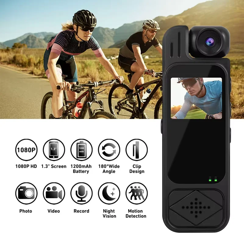Mini pocket camera with screen, portable recorder, audio and video recording, back clip, high-definition infrared night vision