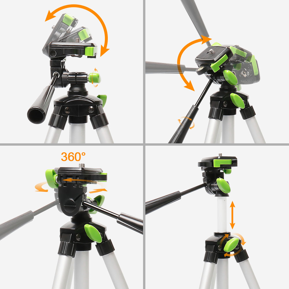 Huepar Aluminum Portable Adjustable Tripod for Laser Level Camera with 3-Way Flexible Pan Head Bubble Level 1/4"-20 Screw Mount. 