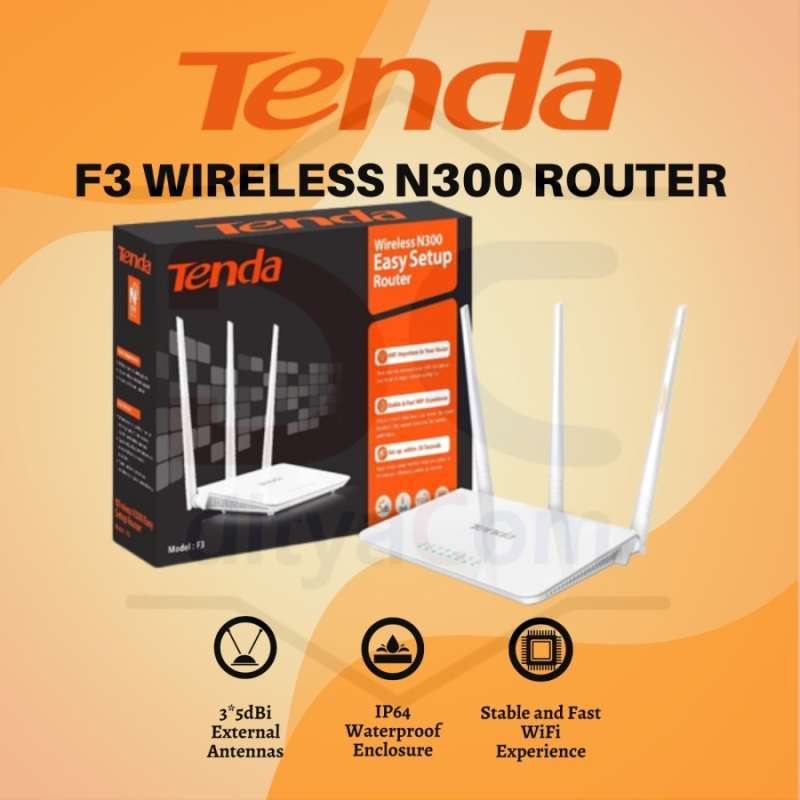 Tenda F3 wifi router has 300 mbps wireless speed, 3x 5dBi external antenna, WPS / reset button, support WPA / WPA2 / WPA-PSK/WPA2-PSK security mechanism to enhance security level, 2.4GHz frequency, DHCP server support, DC 9V 600mA