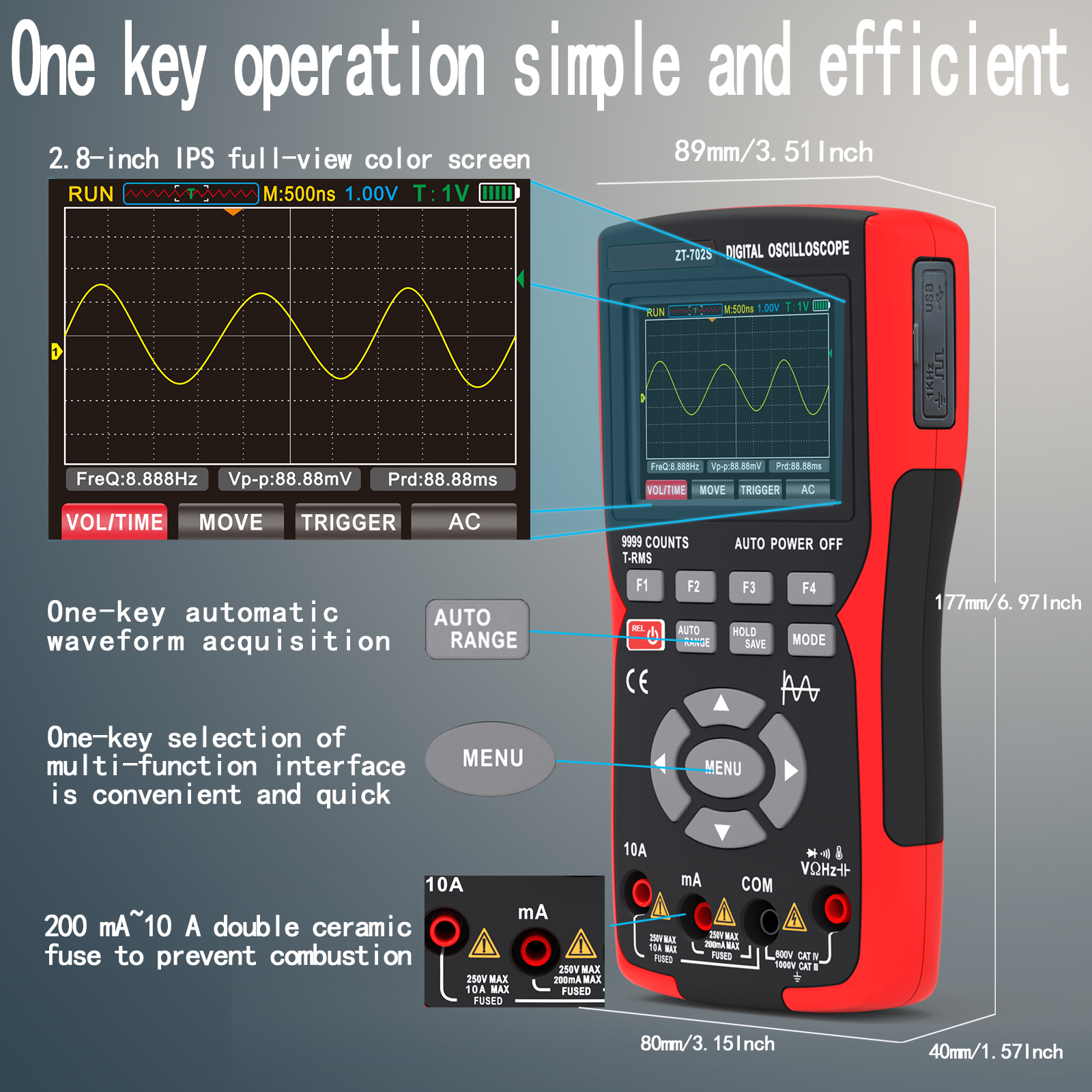 ZOYI ZT-702S 2 in 1 Handheld Digital Automotive Oscilloscope Multimeter, Single Channel 10MHZ Bandwidth,64Kbyte Record Length,48. 