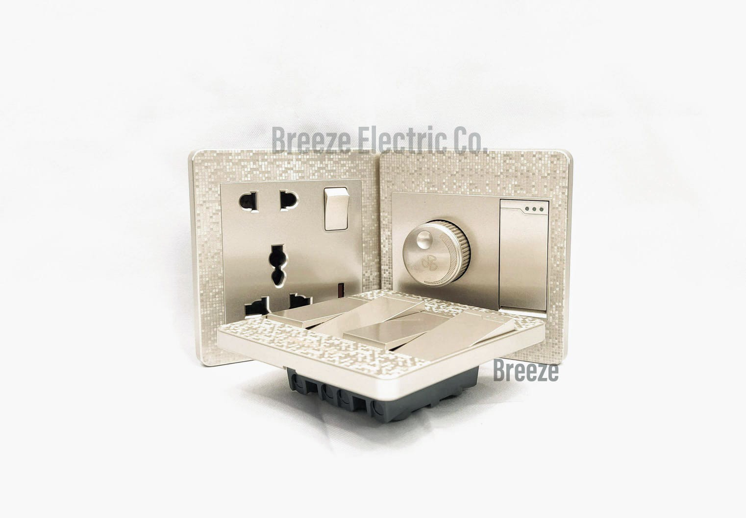 Wener Gang Switch Standard Value Pack: 4 Gang+ Fan Dimmer+13A 5 pin Multi Socket+3 gang Plastic Back Cover.. 