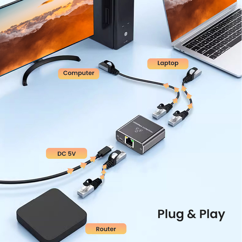 1000Mbps Ethernet Splitter 1 to 2  Network Splitter with USB Power Cable RJ45 Internet Splitter Adapter. 