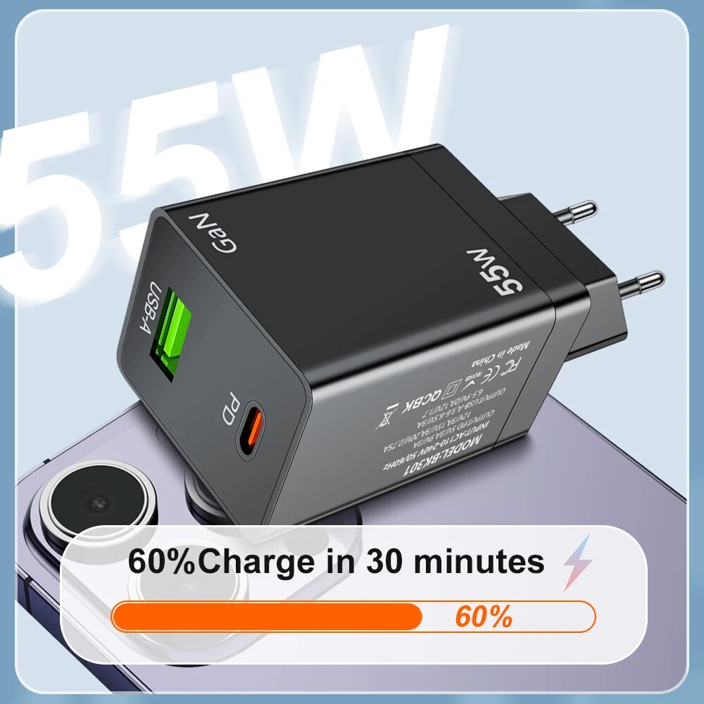 55W USB C PD Korea GaN Charger QC3.0 Fast Charging KR Plug For iPhone 15 14 Pro Max iPad Xiaomi Samsung S23 POCO. 