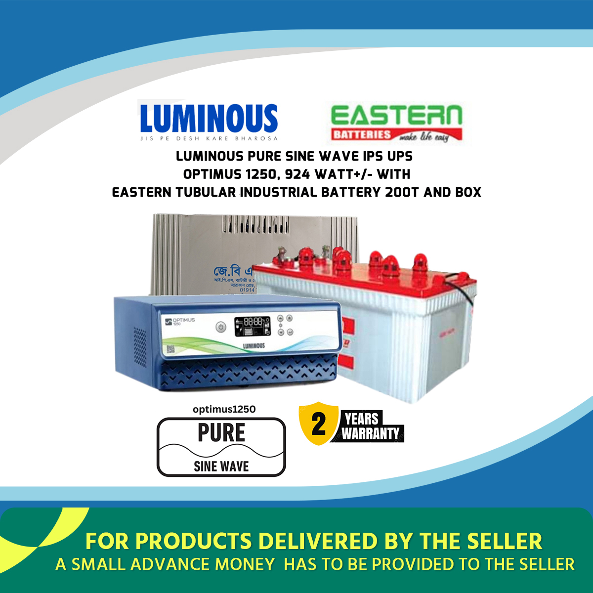 LUMINOUS IPS OPTIMUS 1250 WITH EASTERN TUBULAR BATTERY 200T WITH BOX FOR 5 / 6 FAN 10 / 12 LIGHTS OR COMPUTER TV OTHERS. 