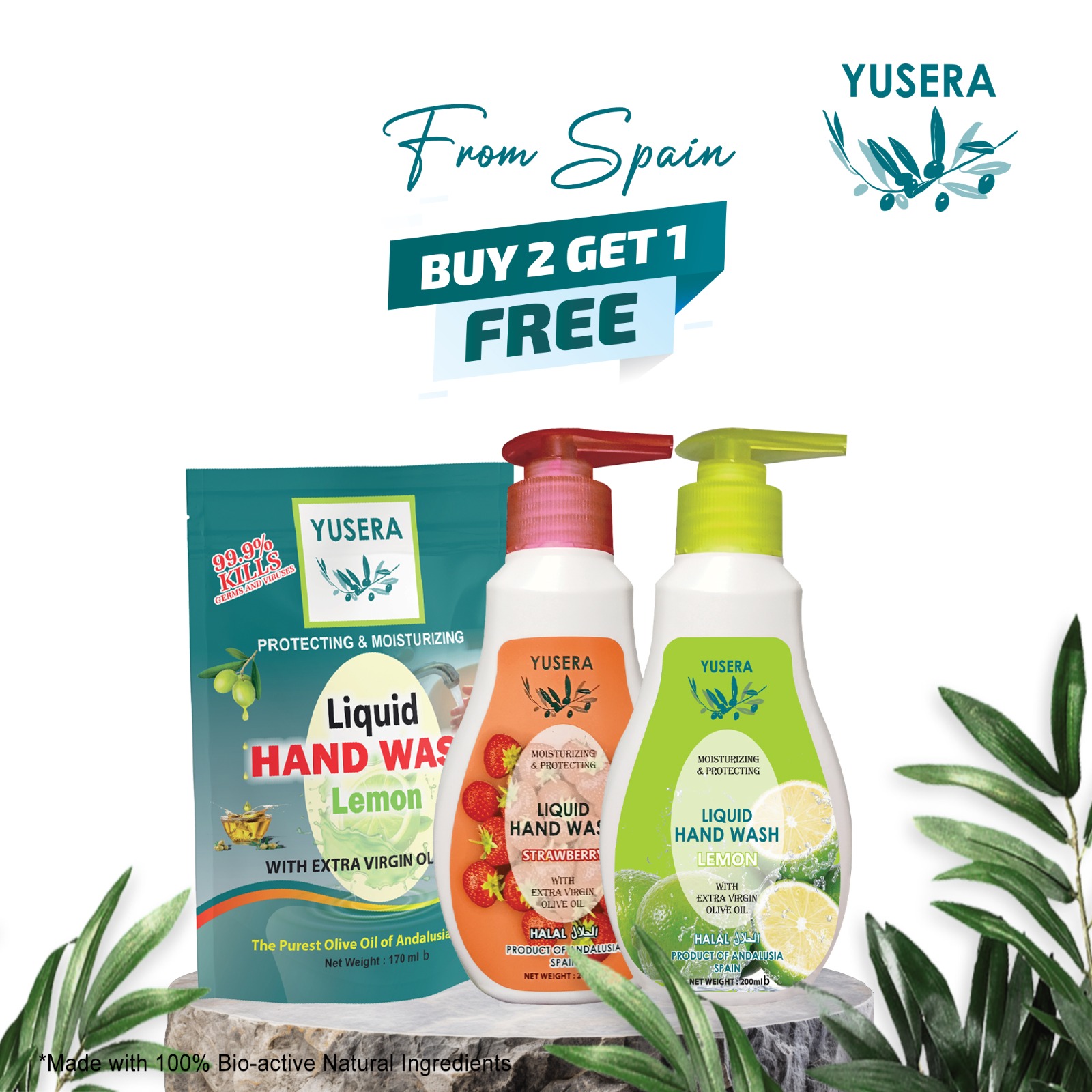 Yusera Hand Wash (Lemon 200 ml + Strawberry 200 ml) free hand wash refill 170 ml (Total 570ml)