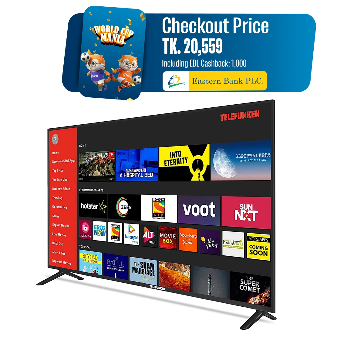 43″  Android Smart TV “Big Screen 4K supported  2GB /16GB Storage, Wi-Fi , free Dish