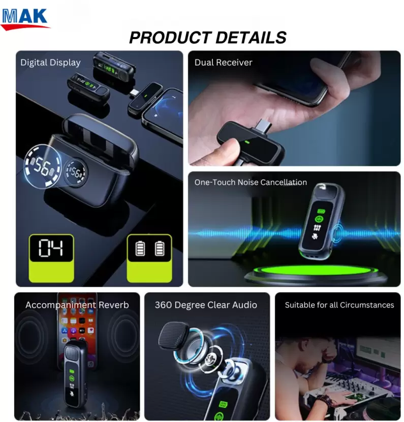 MAK Wireless Mic with Charging Case, Display, Noise Reduction, For Recording,YouTube Microphone. 