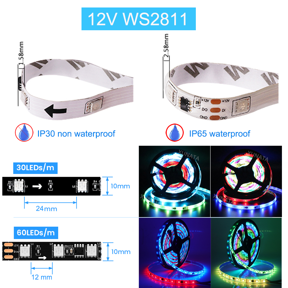 WS2811 WS2812B 5050 RGB LED Strip Light 30/60LEDs/m Smart Individually Addressable Pixel LED Tape IP30 IP65 DC5V DC12V for Decor. 