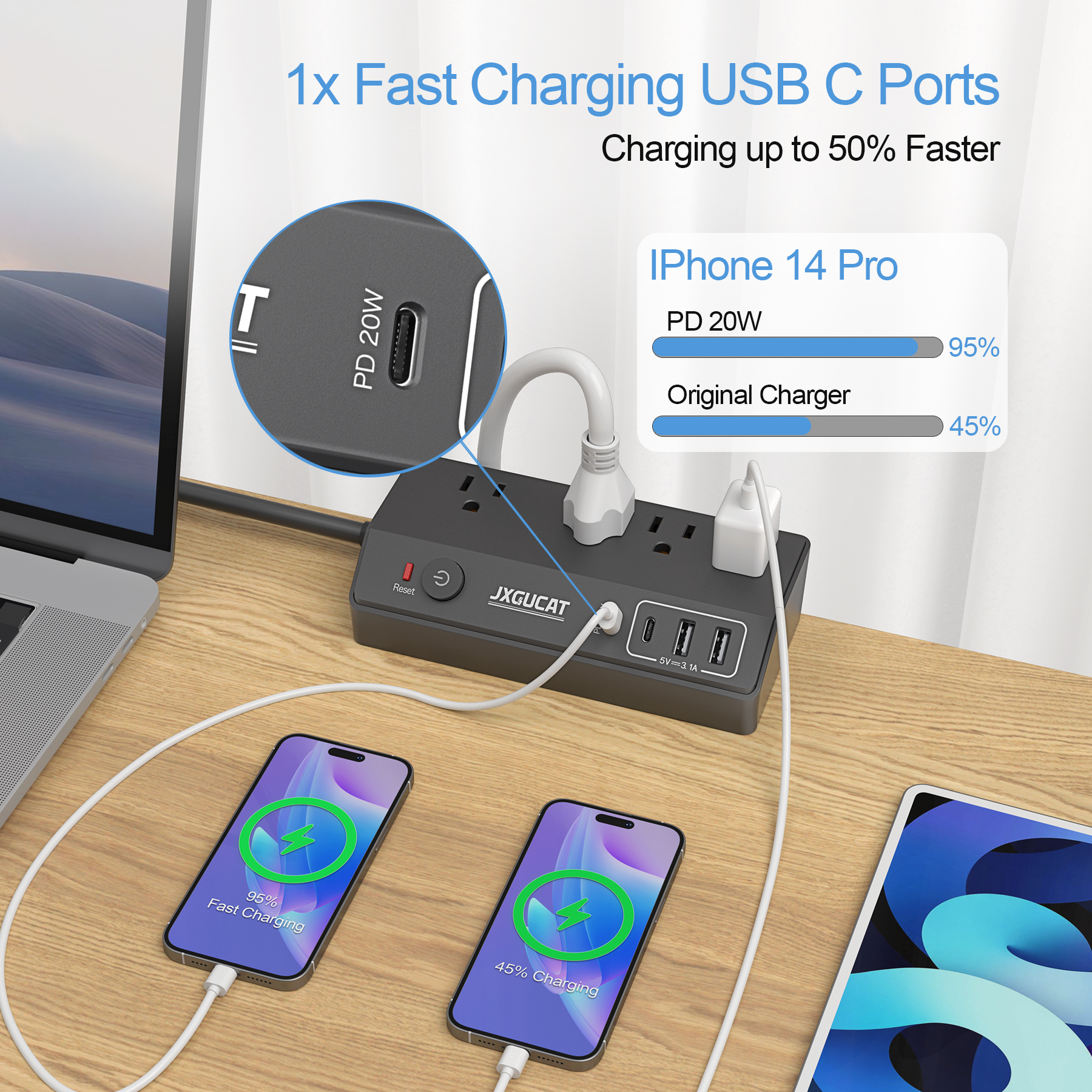US Removable Fast Charging Desktop Edge Power Strip Surge Protector, 10 ft Extension Cord Flat PlugDesk Clamp Power Strip. 