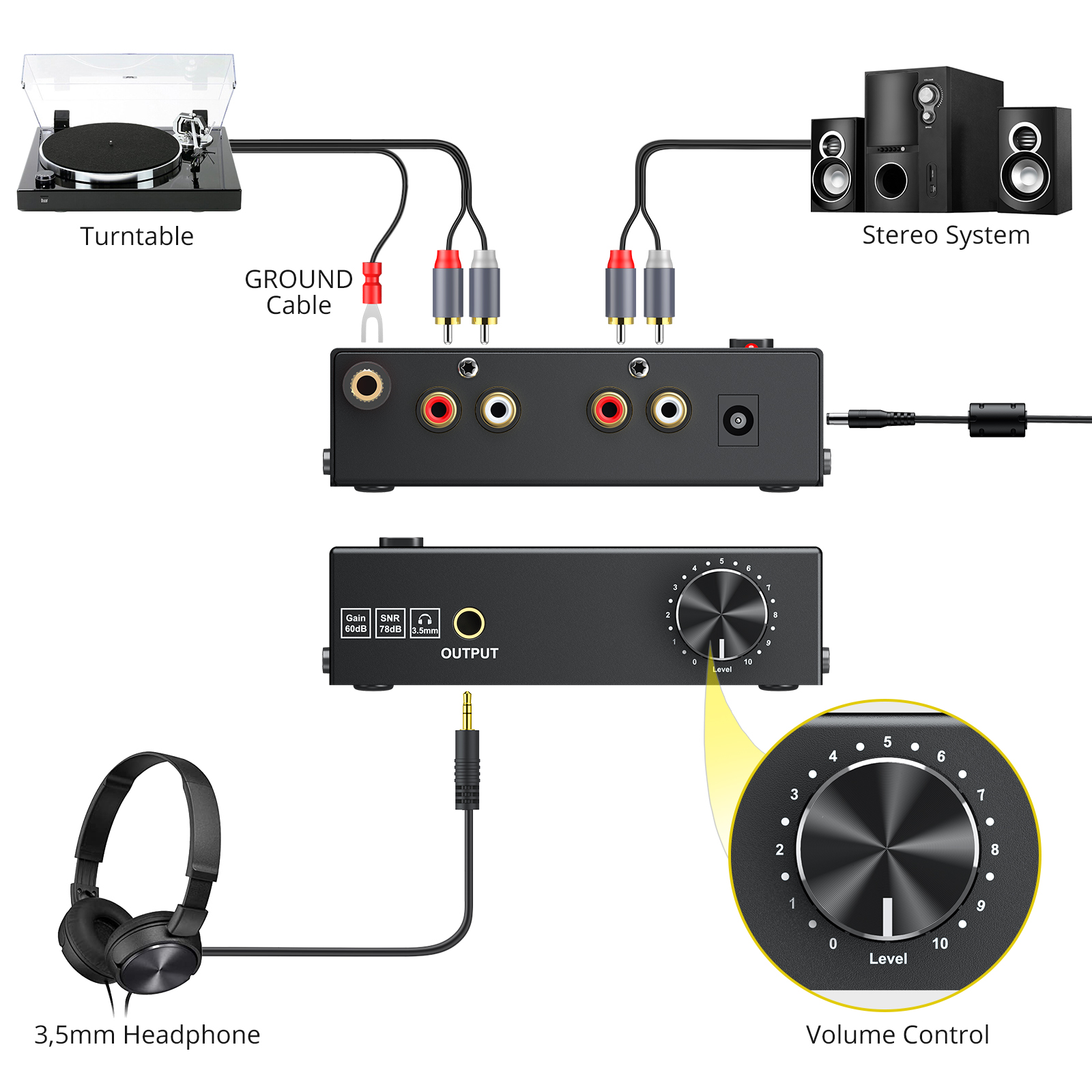 Prozor Phono Preamplifier Converter Audiophile M/M Phono Preamp Preamplifier With Level Control 2 RCA Input & Output For AK-750S. 