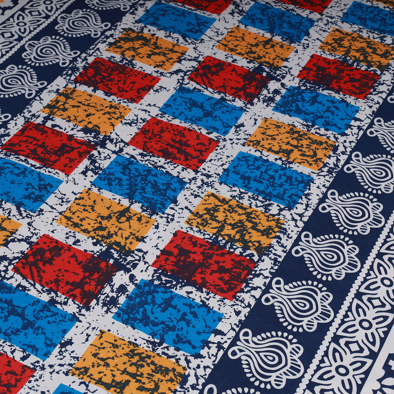 King Size Premium Bed Sheet 88" x 98" with 2 Pillow Covers | Multicolor & Shaped Motif Print on Blue. 