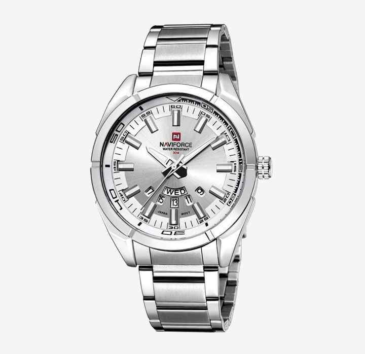 Naviforce NF9038- Silver Stainless Steel Analog Watch for Men - Silver and White