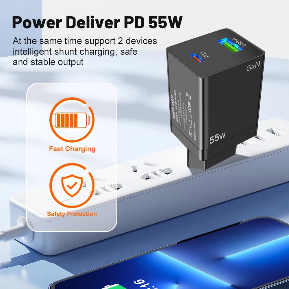 55W USB C PD Korea GaN Charger QC3.0 Fast Charging KR Plug For iPhone 15 14 Pro Max iPad Xiaomi Samsung S23 POCO. 