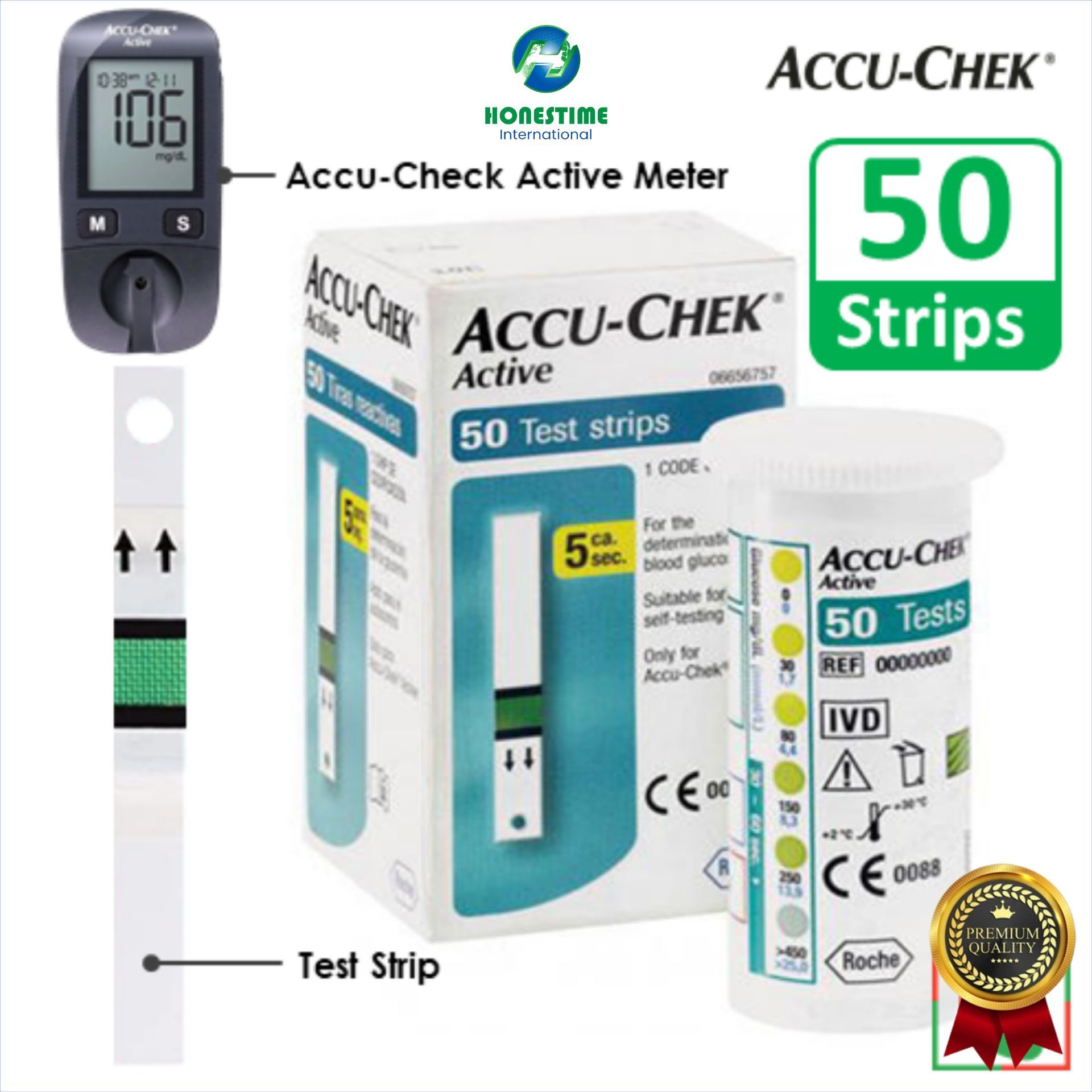 Accu Chek ACTIVE, Blood Glucose Test Strips (50 Strips/100 pcs) Authentic SMS Verification 12 to 24 Months Validity by Honestime