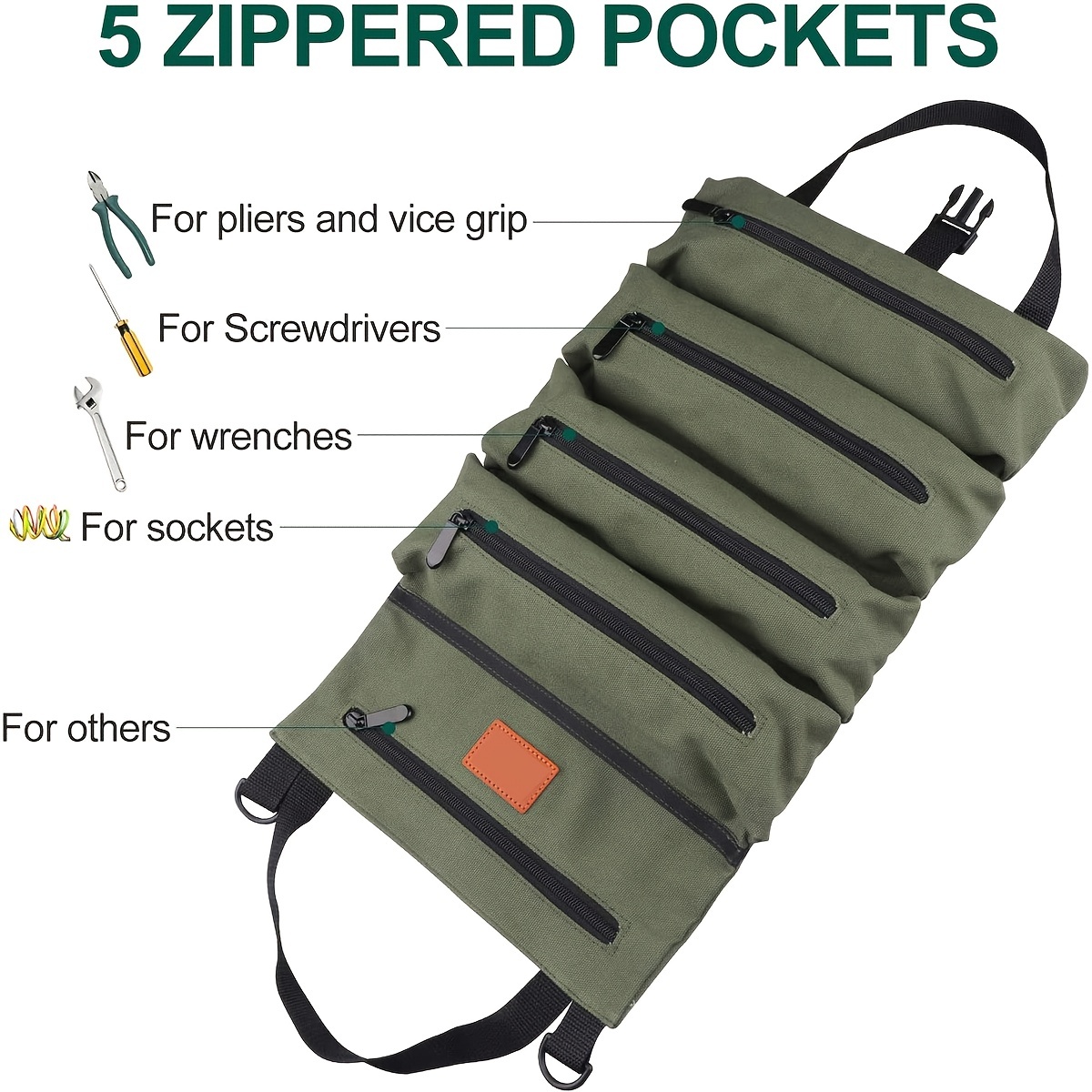 Tool Roll,Multi-Purpose Roll Up Tool Bag,Wrench Roll,Canvas Tool Organizer Bucket,Car First Aid Kit Wrap Roll Storage Case. 