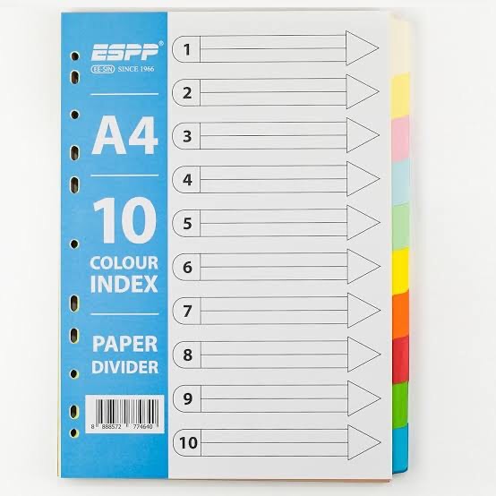 A4 Assorted 10 Color index divider. 