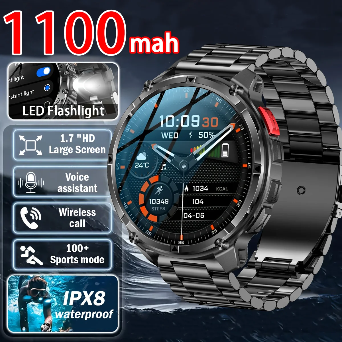 Men Smart Watch 1.7inch LED Flashlight HT33 BT Calling Outdoor Sports Compass Health Monitoring 1100mAh Large Battery Smartwatch