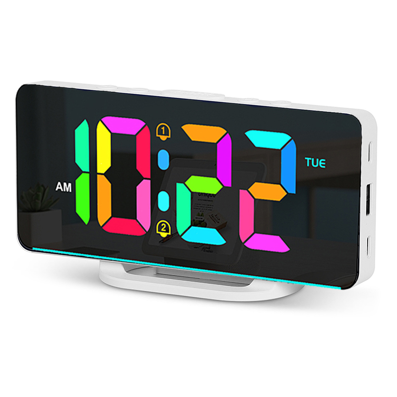 Digital Alarm Clock Desk/Wall Dimmable Electronic Clock with RGB Atmosphere Night Light  Rainbow Time USB Charger Week Display. 