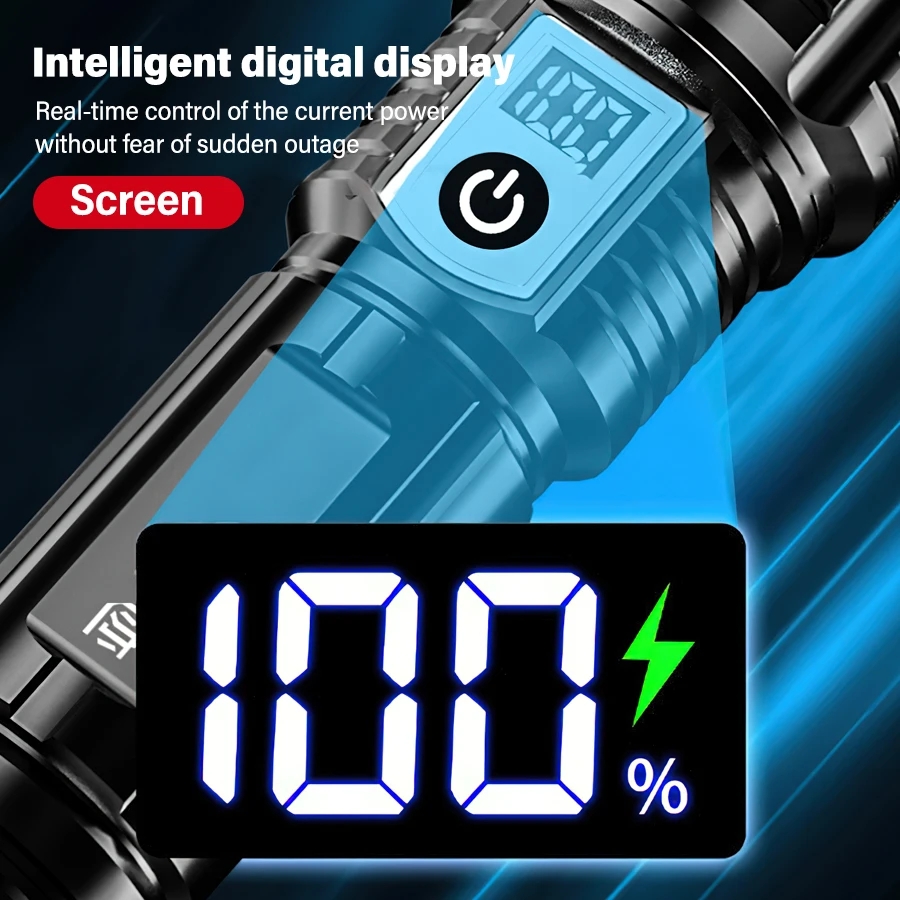 Powerful White Laser LED Flashlight Built-in Battery USB Rechargeable Zoom Torch With Power Display Outdoor Tactical Flashlights. 