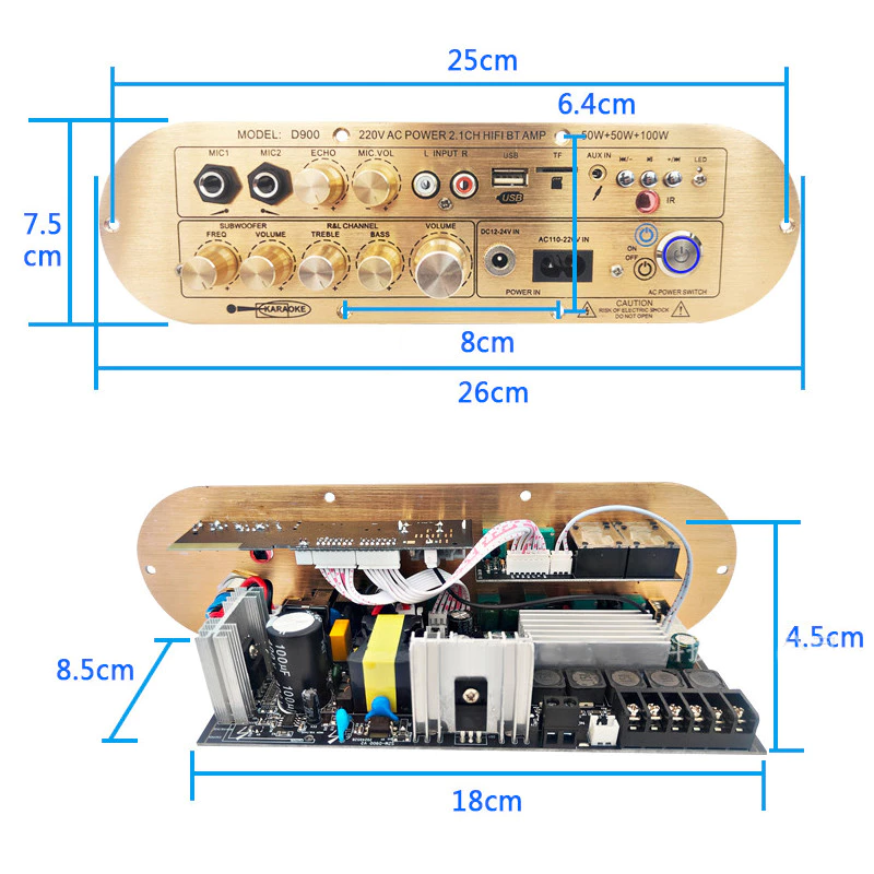Golden Color D900 2.1 Channel 2X50W+100W Powerful Amplified board High/LowTone Power Amplifier Board Module For Active Speaker. 